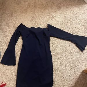 Navy blue scalloped off the shoulder dress